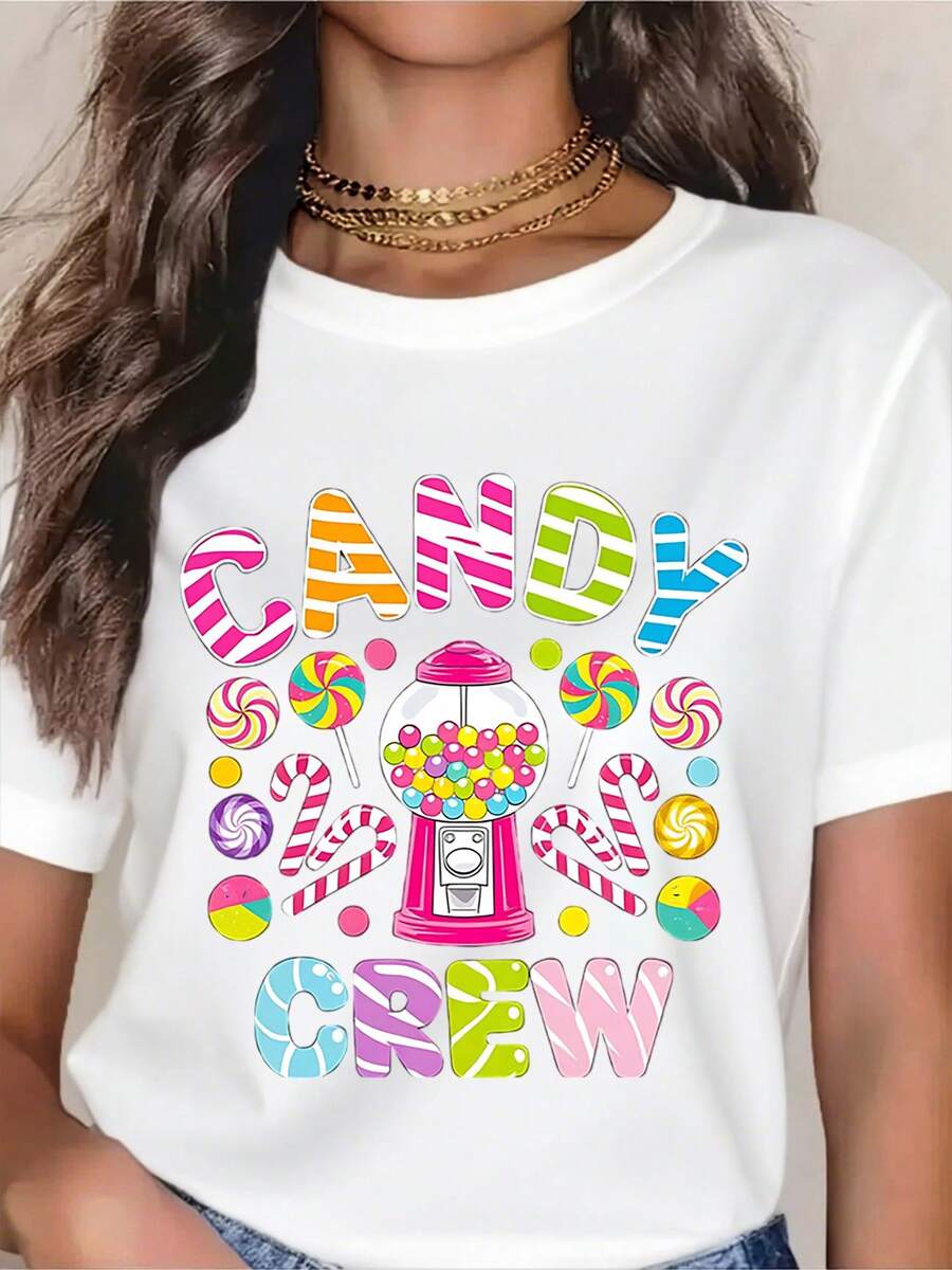 Candy Crew T-Shirt For Women - Fun Candyland Design With Gumball Machine And Lollipops, Colorful Sweet Themed Graphic Tee, Perfect For Halloween, Birthday Parties, Or Casual Wear - 白色 - 查看 1