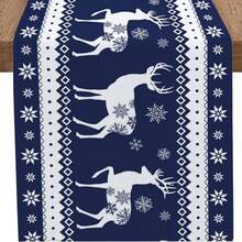 1pc Christmas Reindeer Table Runner, Vintage Navy Blue Snowflake Winter Kitchen Table Cloth, Winter Kitchen Dining Table Decor, Suitable For Party Or Holiday Use