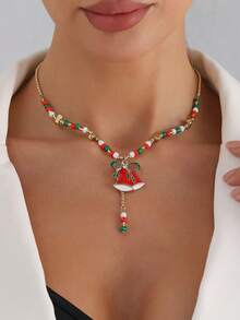 1pc Christmas Atmosphere Necklace With Bow & Santa Hat Colorblock, Fashionable New Year Party Necklace, New Year Gift Necklace