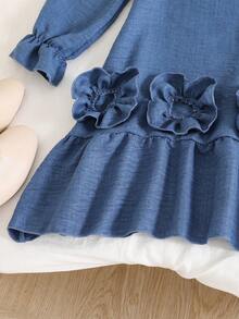 Left Mama Girls' Elegant Minimalist 3D Floral Long Sleeve Ruffle Dress, Spring/Autumn - Blue - View 6