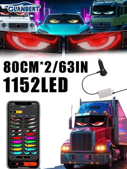 GLANBERT 2pcs, 31.5"X6.5" Car Demon Eye Lights, 1152 LED Beads, Programmable Flexible LED Display Screen With Remote/App Control, Suitable For Car LED Interior Lights, Truck Windshield LED Eyes, Fit For Sedan, SUV, Medium Truck - Custom Dynamic Logo