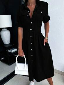 Women's Denim Shirt Dress V-Neck Short Sleeved Waist A-Line Jeans With Pockets Dress - 黑色 - 查看 4