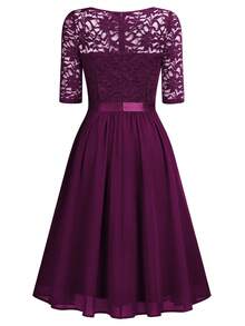 MIUSOL Elegant Maroon Sweetheart Neck Floral Lace A-Line Cocktail Swing Dress, Half Sleeves, Flowing Ruffle Trim Hem, For Wedding Guest, Prom, Evening Party - 紫紅色 - 查看 8