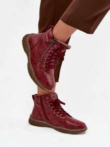 Botas de tobillo de invierno para mujer forradas con piel sintética Ulverina elegante de invierno con cordones y cremallera en rojo, beige y negro - Rojo - Ver 4