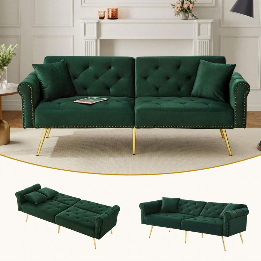 Modern 2-Seater Sofa Bed - Velvet Cover, 3-Level Adjustable Backrest & Gold Metal Legs Elegant Sofa With Sleep Function - Space Saving, Load Bearing, Ideal For Small Rooms - Antique Green + Foam + 2 Seat - View 1