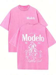 Vintage Double-Sided Washed Printed T-Shirt, Made Of High-Quality Wax-Dyed Cotton.Classic Crew Neck Short Sleeve For Summer, Perfect For Daily Wear And An Ideal Gift Choice. - 玫紅色 - 查看 6