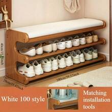 1pc Bamboo Shoe Bench With Shoe Rack, Freestanding Shoe Organizer Suitable For Hallway, Bedroom Or Balcony - White - View 10
