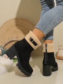 Chunky High-Heel Platform Round-Toe Suede-Like -On Short Boots With Metal Buckle And Back Zipper - Black - View 10