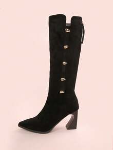 New Arrival Vintage Sexy Slim Chunky Heel Back Zipper Design Knee-High Boots For Women, Pointed Toe Mid-Calf Personalized Street Rider Boots, Versatile Elegant