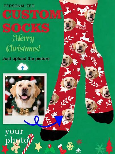 1 Paar unisex personalisierte Haustier Foto & Weihnachtsmuster (Rentier, Geschenk, Schneeflocke) Design, rote & weiße weiche Strickstoff bequeme & festliche personalisierte Socken für Weihnachten & Geschenkanlässe