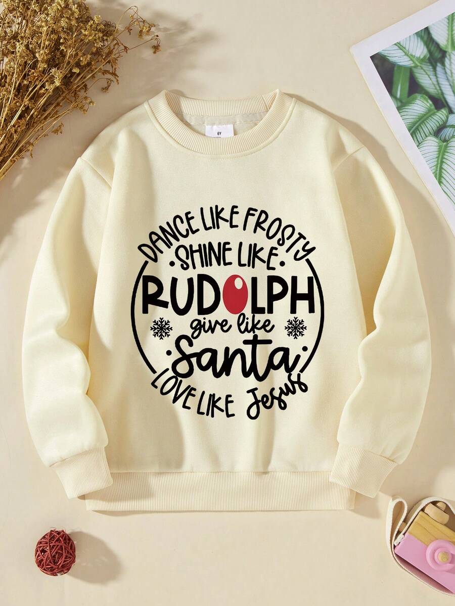 Girls' Christmas Minimalist Slogan Print Warm Fleece Crew Neck Sweatshirt