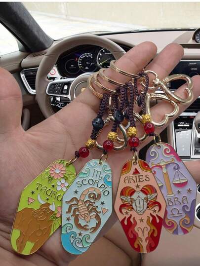 1pc Bohemian Zodiac Keychain, DIY Braided Rope, Metal Glazed Hotel Key Ring, Christmas/Halloween Party Gift, Suitable For Family, Friends, Colleagues, Partners, Birthday, Car Accessories, School, Gothic Y2K Halloween Accessories, Teacher's Day Gift, Handbag Accessories, ID Card Holder Lanyard, Car Accessories, Christmas Gift
