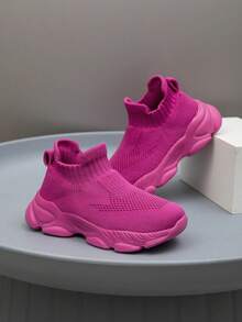 1 Pair Kids' Sneakers, Breathable Elastic Soft Shock-Absorbing Quick-Drying Lightweight Waterproof Combination Of Fabric And Leather Upper, Casual Street Style Suitable For Running, Walking, School, Knitted - Red Violet - View 8