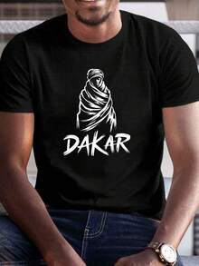 Camiseta de Hombre de Talla Grande con Patrón de Dakar - Camiseta Casual Negra de Cuello Redondo, Diseño de Personaje de Dakar Blanco, Mezcla de Algodón Transpirable, Lavable aáquina, Comodidad de Verano, Camiseta de Comodidad Diaria|Ropa de Talla Grande|Tejido de mezcla de algodón, talla grande - Negro - Ver 2