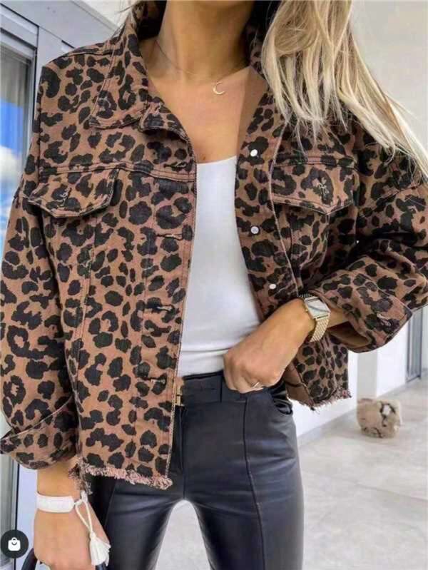 Chaqueta vaquera de mujer con estampado de leopardo, manga larga, corta y holgada, abrigo casual