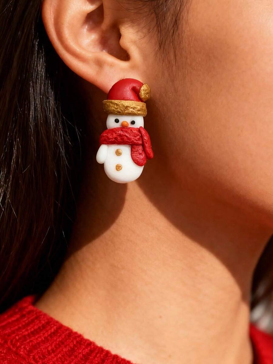 1 Pair Handmade Colorful Polymer Clay Snowman Christmas Earrings, Stainless Steel Earring Hooks, Christmas Gift For Women