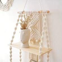 Woven Wall Hanging Rack, Bohemian Style Handwoven Hanging Rack, Wood Finish Storage Rack, Suitable For Bedroom And Bathroom Decoration, Bohemian Wall Decoration, Floating Shelf - 米色 - 查看 7