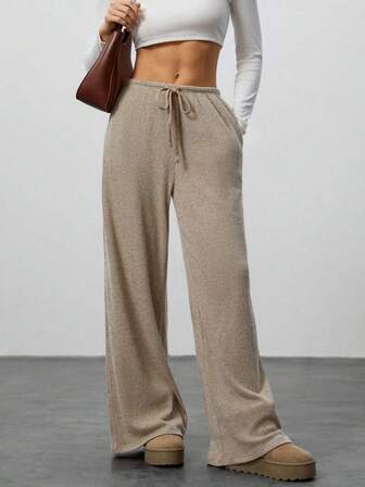 Plus Size Women Solid Color Drawstring Loose Fit Wide Leg Casual Pants