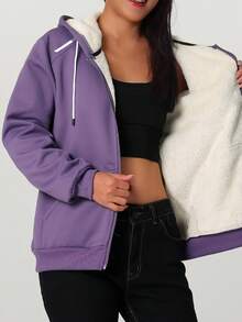 女士纯色拉链抓绒连帽衫，秋冬季休闲风格，适合健身房、户外徒步等运动，是返校季和滑雪的必备单品。 - 紫色 - 查看 3
