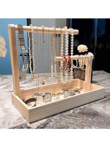 1pc Rustic Wooden Jewelry Organizer Stand - Versatile Desktop Display For Necklaces, Bracelets, Watches, Beads - Rectangular Solid Wood Jewelry Rack, No Electricity Needed, Jewelry Towers