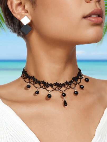 3pcs New Arrival White Lace Hollow Flower Choker Necklace Stud Earrings Wedding Engagement Party Bridal Jewelry Set