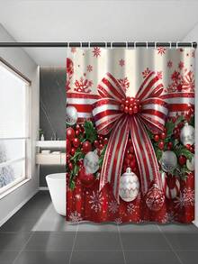 مجموعة هدايا تشمل ستارة حمام للزينة الشتوية والعيد بتصميم الكرات والسنديان والفرنسية والثلج بألوان أحمر وأخضر، قابلة للغسيل، ستارة نافذة الحمام، تشمل 12 خطاف و غطاء مقعد مرحاض مانع للانزلاق بشكل حرف U