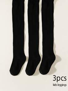 3 Pairs Girls' Basic Tight Leggings, Black Striped Skinny Tights, Suitable For Girls' Daily Wear - Black - View 10