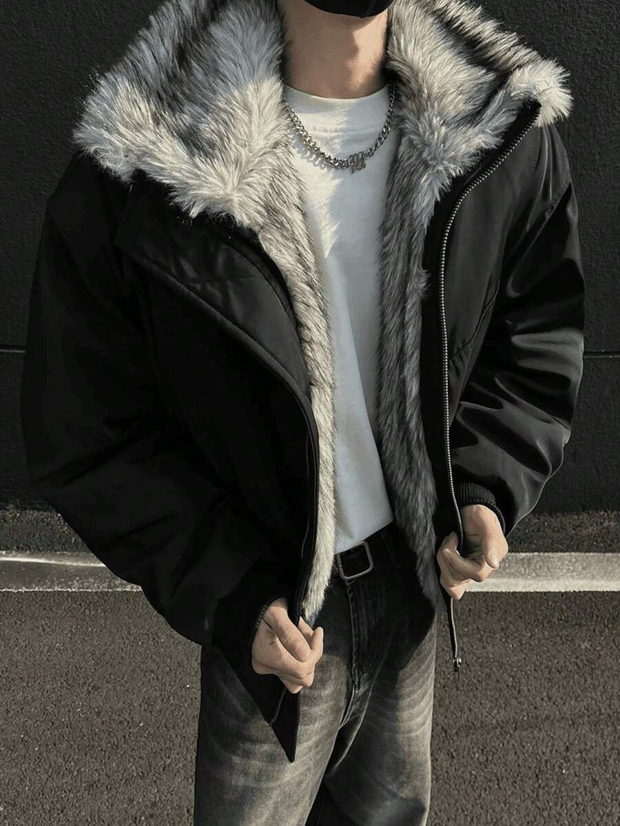 Zuoshan Carved Cotton Jacket Men's Cotton Jacket Hooded Fur Collar High-End Plus Plush Thick Men's Cotton Jacket Jacket Jacket - 黑色 - 查看 1