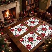1 buc/4 buc/6 buc/100 buc Covorașe decorative de Crăciun cu model Poinsettia - Protecții de masă dreptunghiulare din poliester, lavabile la mașină, suporturi decorative pentru sufragerie, articole pentru petreceri, cadouri de Crăciun