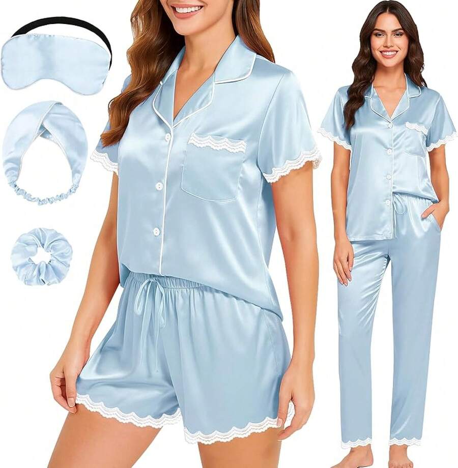 3 Piezas Pijama de Seda para Mujer Conjunto de Pijama de Satén con Adorno de Encaje Suave con Botones Pijama Ropa de Dormir Ropa de Estar por Casa Halloween - Light Blue - Ver 1