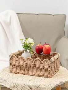 1pc Woven Storage Basket, Fan-Shaped Edge Design, Handheld Basket For Toilet Tank Top Shelf, Bathroom, Living Room, Bedroom, Vanity, Desktop Organization & Storage, Home Decor, Bathroom Accessories, Gift Basket, Valentine's Day & Holiday Decor,