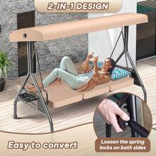 ZZW 3 Seat Outdoor Porch Patio Swing With Stand 800lbs 2-In-1 Convertible Swing Bed With Adjustable Canopy & Removable Cushion For Yard Garden Deck - 卡其色 - 查看 7