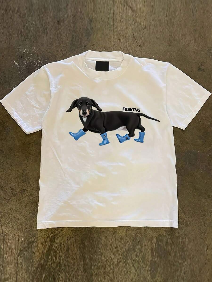 Camiseta gráfica 'FSKING' inspirada en Y2K para mujer - Lindo perro dachshund con botas, camiseta de manga corta beige, casual y versátil para primavera verano, ropa casual   Estampado juguetón - Blanco - Ver 1