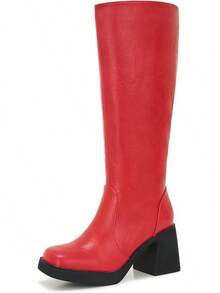 Wide Calf Plus Size Women's 70s Gogo Tall Knee High Square Toe Chunky Heel Retro Fashion Vintage Boots - 深紅色 Pu - 查看 10