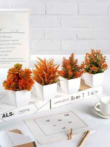 4 piezas/1 pieza Flores y plantas falsas pequeñas, plantas falsas mini con maceta para decoración de casa, oficina, mesa, cocina, estantería, baño, mesa de café, decoración de otoño, decoración de Halloween, decoración navideña (Naranja)