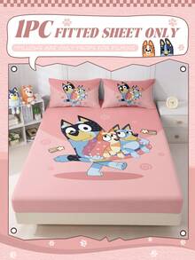 1pc Bluey Cartoon Digital Print Fitted Sheet, Bluey Bedding, Mattress Protector, Bed Cover, Fitted Sheet, Comfortable Home Textile, Warm-Toned Fitted Sheet, Bluey And Rainbow Pattern, Breathable Anti-Pilling Mattress Protector, Soft And Skin-Friendly, Cartoon Pattern Bed Cover, Bluey Home Decor - Pink - View 2