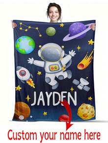 1 pieza Manta personalizada con nombre y patrón de planeta espacial - Manta de franela suave personalizada, impresión digital, adecuada para todas las estaciones, se adapta al estilo acogedor del hogar, regalo de ocasión con tema de astronomía, artesanía de punto, cómoda todo el año, duradera, fácil de cuidar, opción de regalo única - multicolor - Ver 4