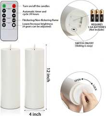 Homemory 4" X 12" Waterproof Outdoor Flameless Candles Battery Operated LED Large Pillar Candles With Remote And Timer For Indoor Outdoor Lanterns, Long Lasting, White, Set Of 2 - White - View 2