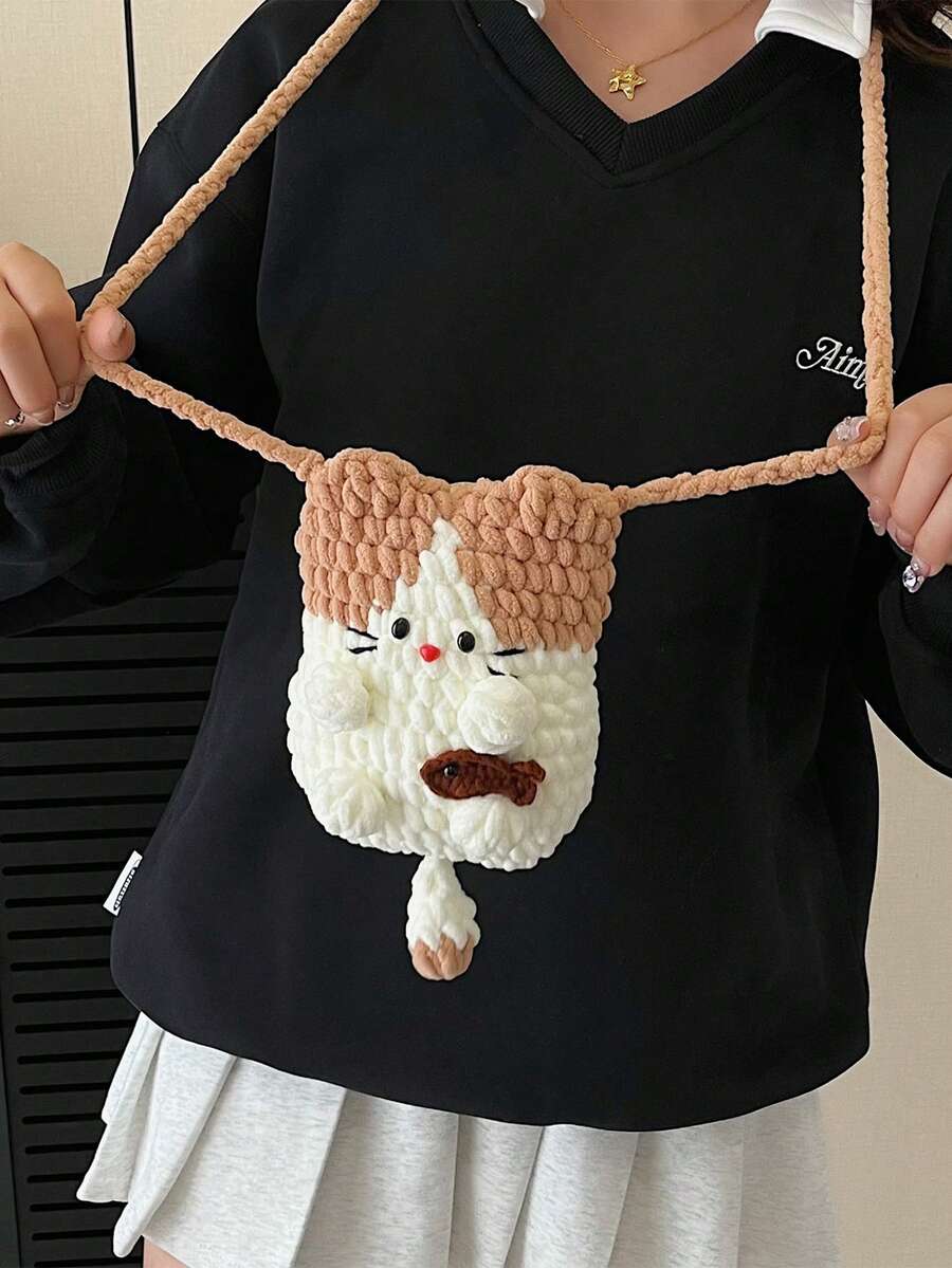 1 pieza Bolso bandolera de punto con diseño de dibujos animados de moda para otoño/invierno, bolso de hombro mini hecho a mano con parches y colores contrastantes, adecuado para atuendos diarios, fiestas, regalo de cumpleaños