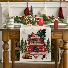1pc Red Truck & Tree Design Christmas Table Runner, Suitable For Winter Kitchen, Dining Table Decor, Home Gathering Decoration
