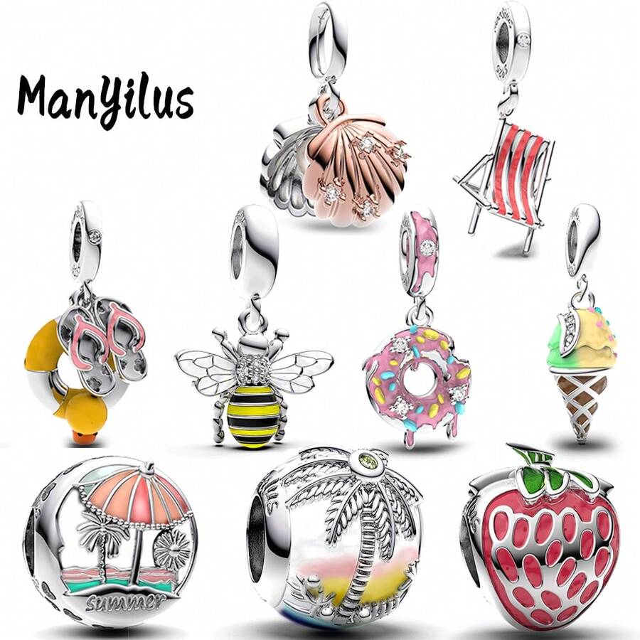 Manyilus Manyilus 1 Stück Sterling Silber Strandcharms im Vintage-Stil, Sommer Charms wie Palme, Kokosnussbaum, Strandkorb, kleiner Ente, Schwimmring, Pantoffeln, Strandmuscheln, rosa Donut, Eiscreme, Erdbeere, Biene, Anhänger & Perlen, geeignet für Armbänder und Halsketten, DIY Schmuckherstellung, Geschenk für Freunde und Liebhaber