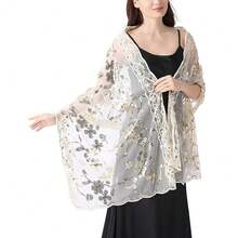 Shawls And Wraps For Evening Dresses,Women Formal 1920s Sequin Flower Sheer Shawls And Wraps For Wedding-{"Color_name":"Cream"} - 奶油 - 查看 4
