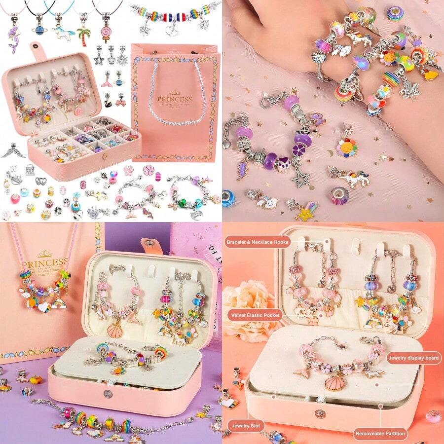 Charm Bracelet Making Kit For Girls 120Pcs DIY Jewelry Making Kit + Portable Bracelet Organizer Box Christmas Birthday Mermaid Unicorn Gifts For Girls Toys Crafts For Teens Girls Ages 5 6 7 812