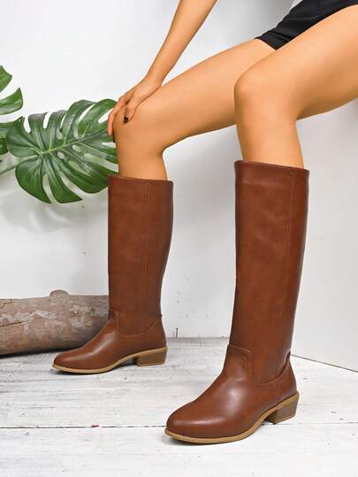 Plus Size Slip-On Knee-High Boots, Casual & Versatile