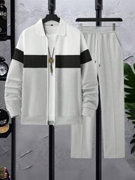 남성용 와플 패치워크 재킷 + 드로스트링 팬츠 세트, 편안하고 스타일리시한 디자인, 봄 & 가을에 적합