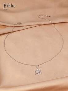 Hihho 1pc Fashionable High-End Versatile Cubic Zirconia Embedded Minimalist Snowflake Pendant Necklace, Elegant Women's Necklace Decoration Gift, Exquisite Pendant Necklace, Christmas Gift Copper Pendant Necklace For Women - Silver - View 2