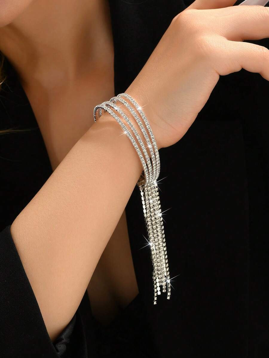 1 件女士奢华优雅水钻镂空派对晚会闪亮迷人流苏手链 - 銀色 - 查看 1