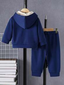 Baby Boy Black Thermal Lined Sherpa Casual Sweatshirt Set, Autumn/Winter - Navy Blue - View 2