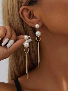 1 Pair Unique Personalized Luxury Faux Pearl Asymmetric Tassel Earrings, Copper Inlay, Suitable For Daily Wear, Formal Events, Gifting To Family And Friends