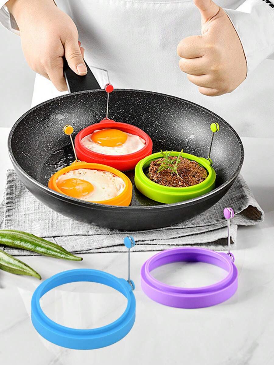 带手柄圆形硅胶蛋模，硅胶鸡蛋塑形器，煎饼模具，鸡蛋圈，不粘厨房烹饪工具，耐热 - 彩色 - 查看 1